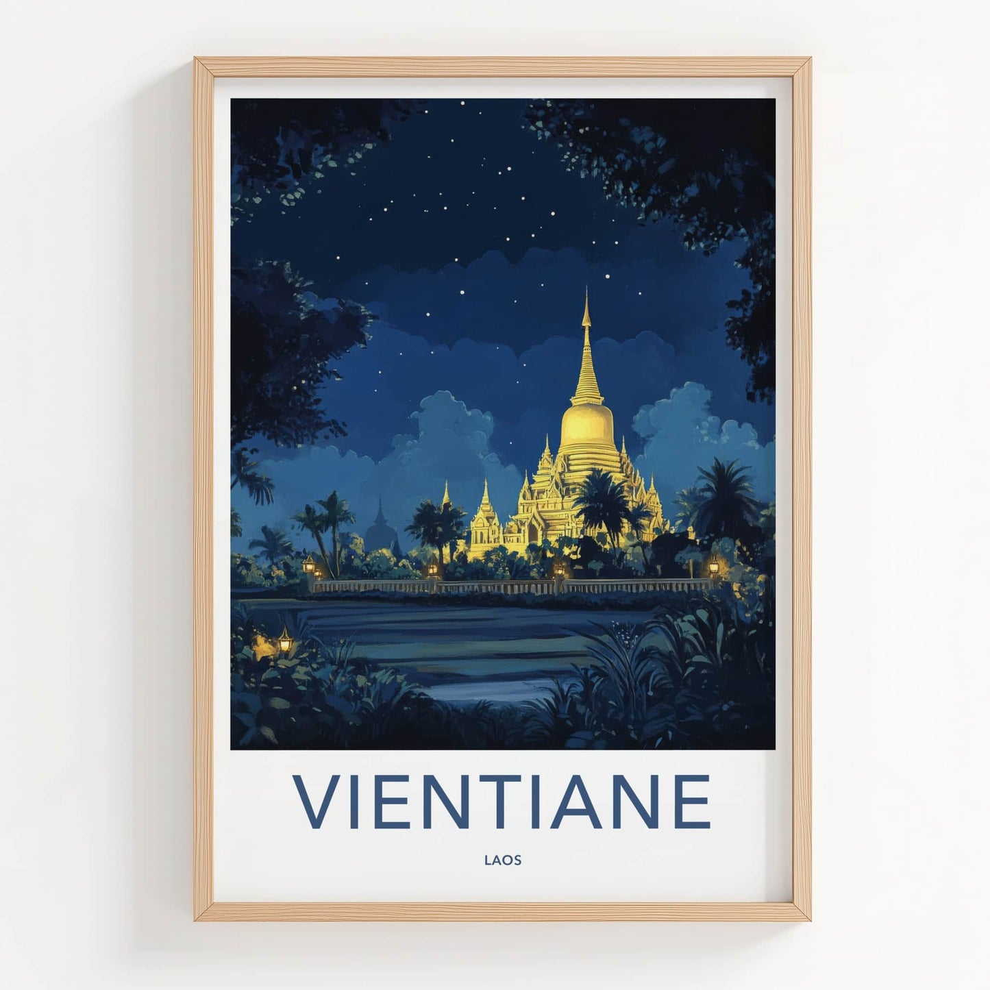 Vientiane Poster - Laos Travel Art - Glowing Pagoda Night Home Decor
