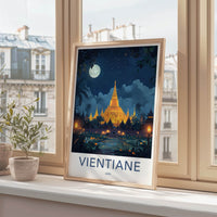 Vientiane Poster - Laos Travel Art - Golden Temple Moonlit Home Decor