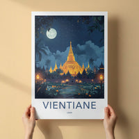 Vientiane Poster - Laos Travel Art - Golden Temple Moonlit Home Decor