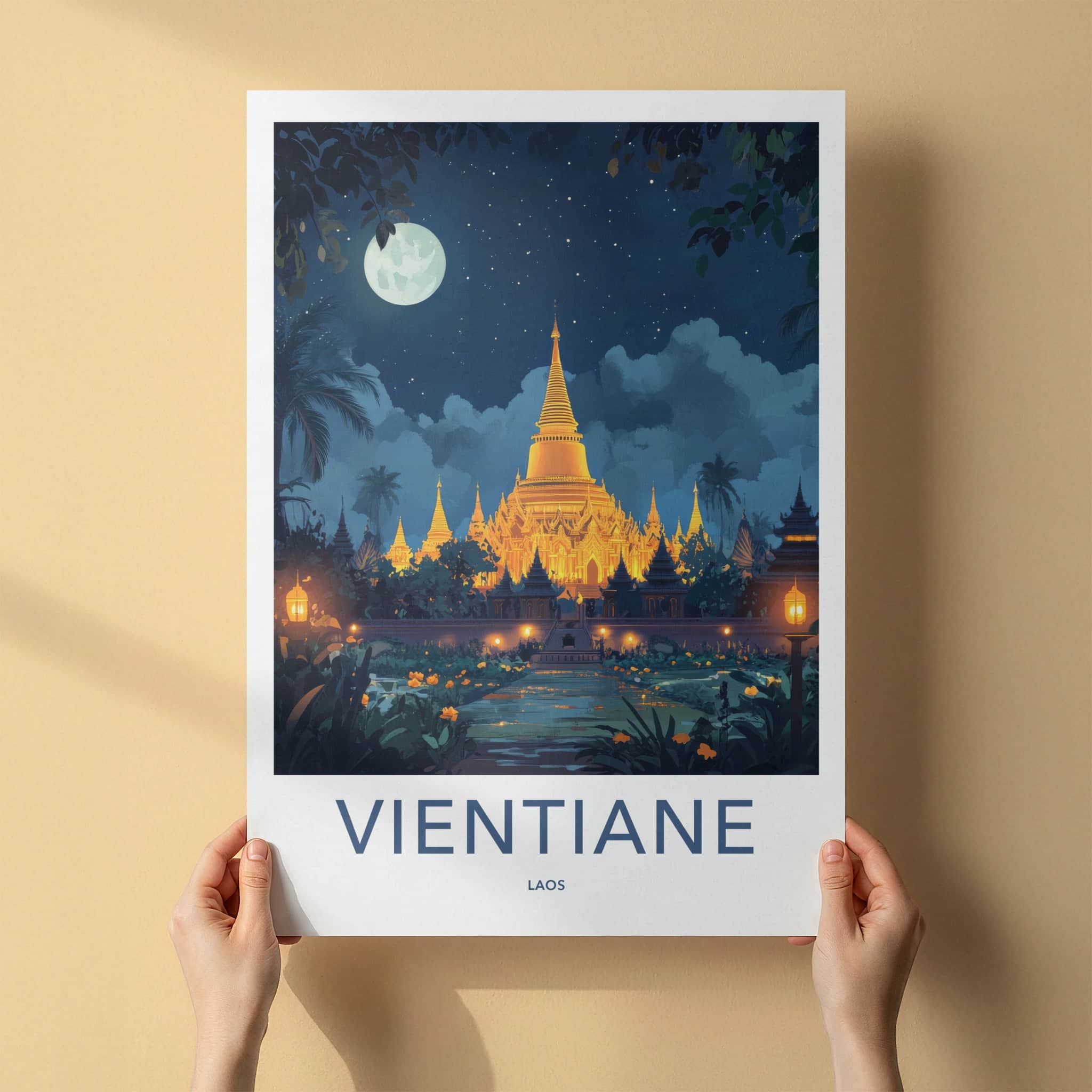 Vientiane Poster - Laos Travel Art - Golden Temple Moonlit Home Decor