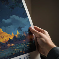 Vientiane Poster - Laos Travel Art - Golden Temple Moonlit Home Decor