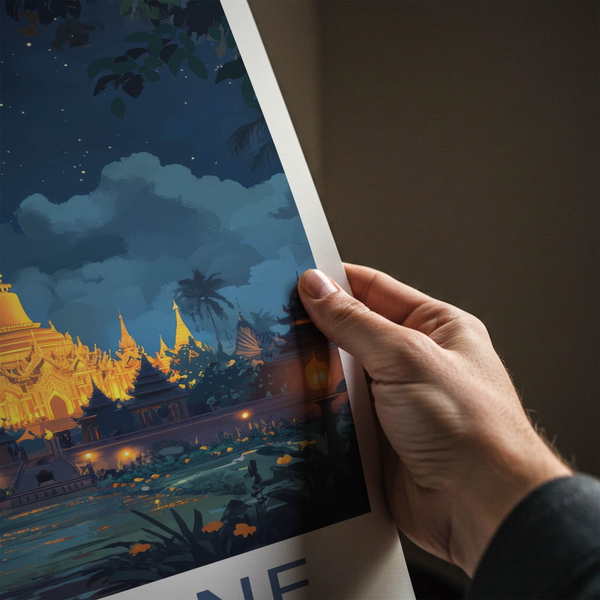 Vientiane Poster - Laos Travel Art - Golden Temple Moonlit Home Decor