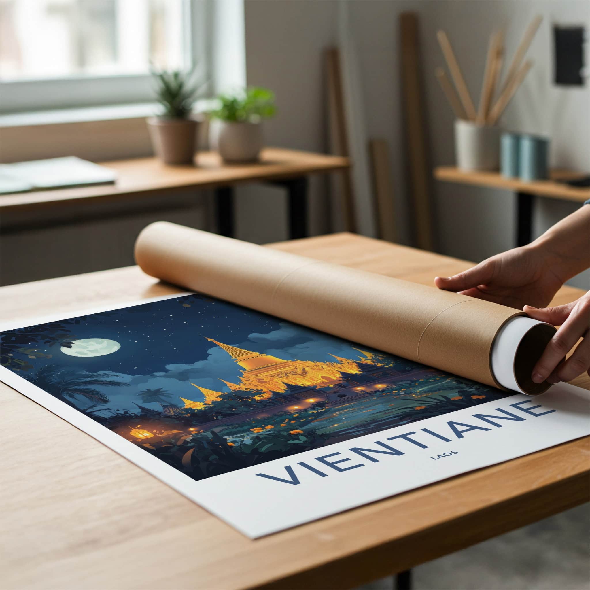 Vientiane Poster - Laos Travel Art - Golden Temple Moonlit Home Decor