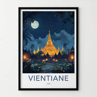 Vientiane Poster - Laos Travel Art - Golden Temple Moonlit Home Decor