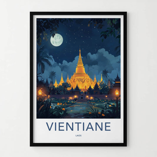 Vientiane Poster - Laos Travel Art - Golden Temple Moonlit Home Decor