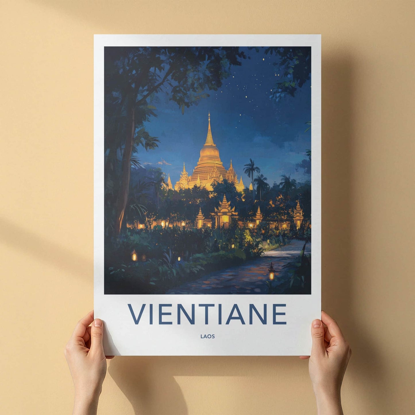 Vientiane Poster - Laos Travel Art - Lush Tropical Pagoda Wall Decor