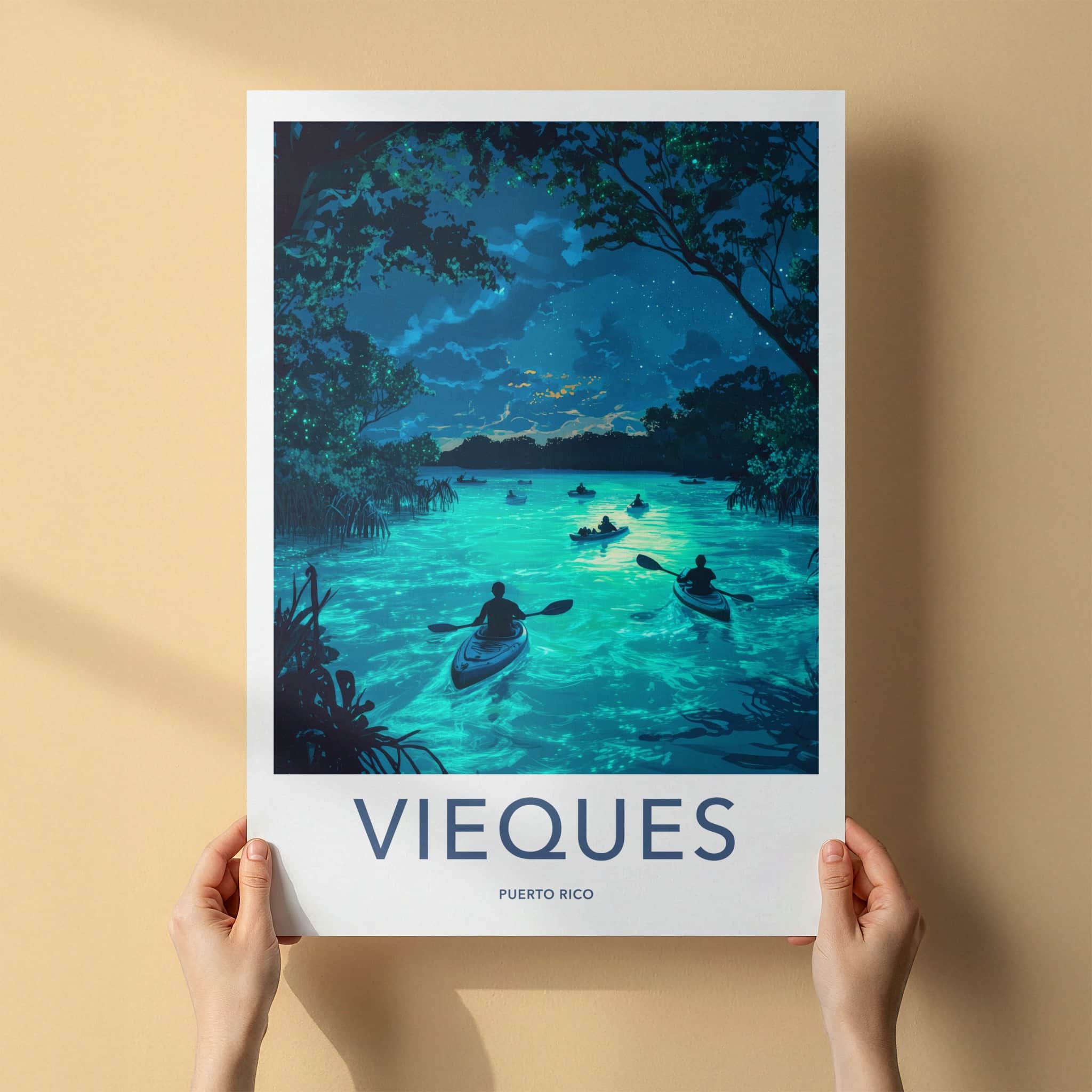 Vieques Poster - Puerto Rico Travel Art - Bioluminescent Bay Kayakers Gallery Art