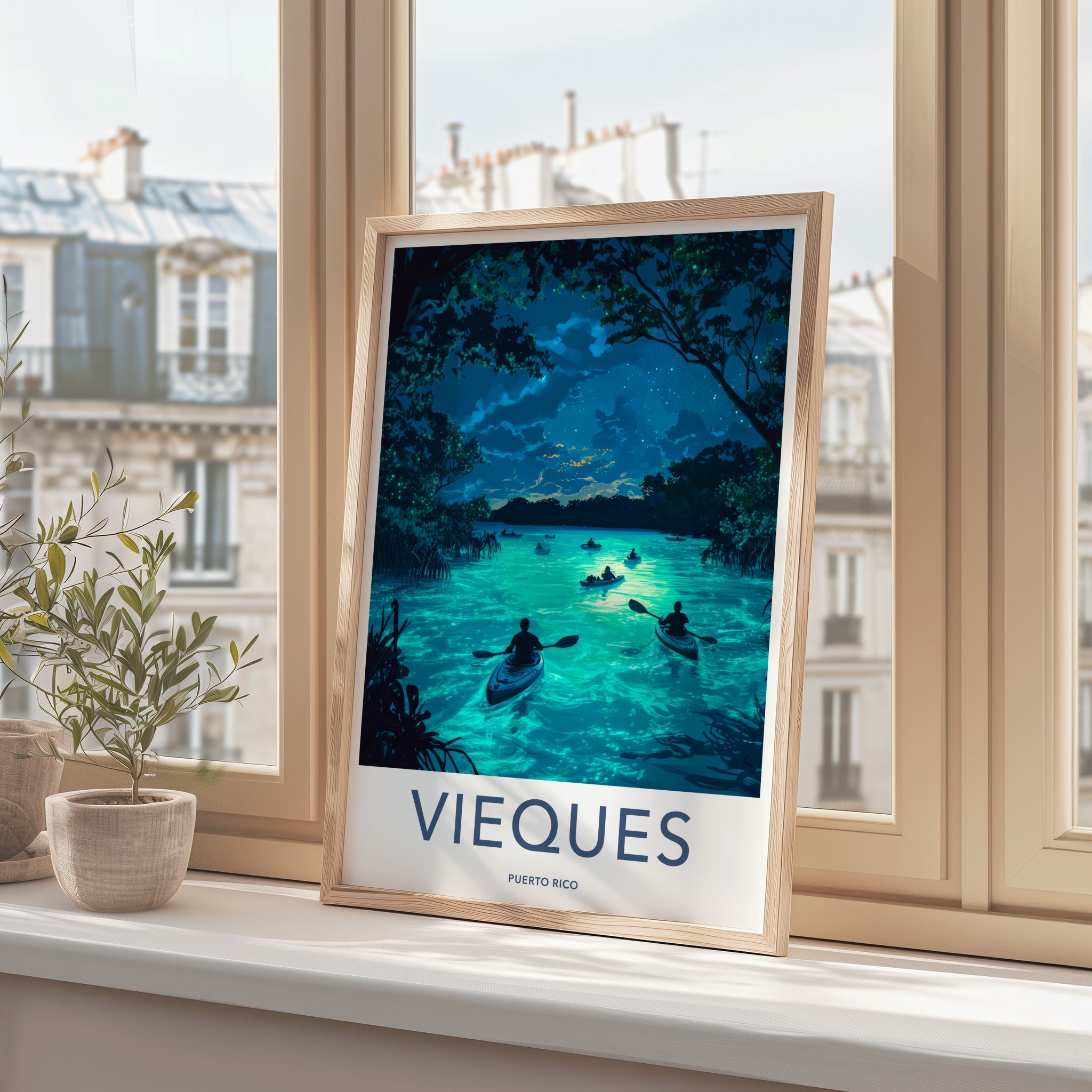 Vieques Poster - Puerto Rico Travel Art - Bioluminescent Bay Kayakers Gallery Art