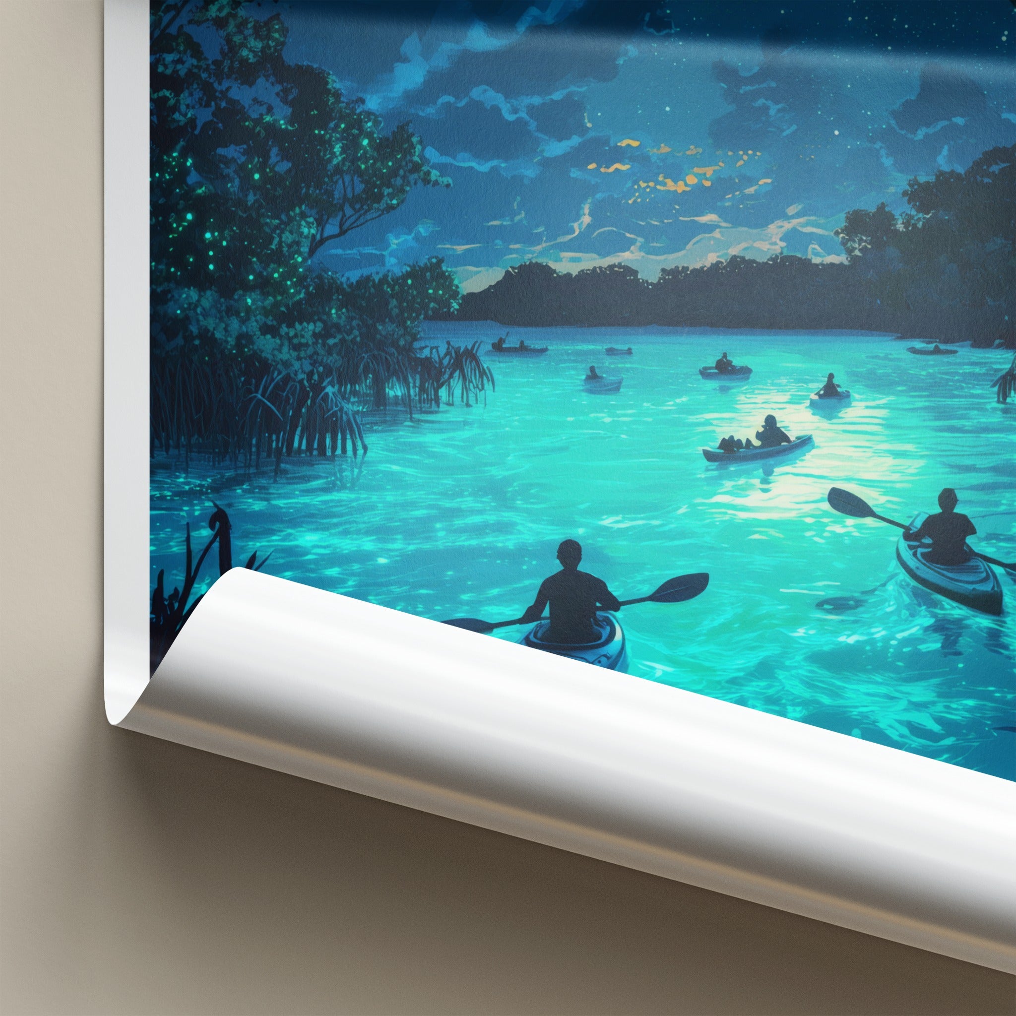 Vieques Poster - Puerto Rico Travel Art - Bioluminescent Bay Kayakers Gallery Art