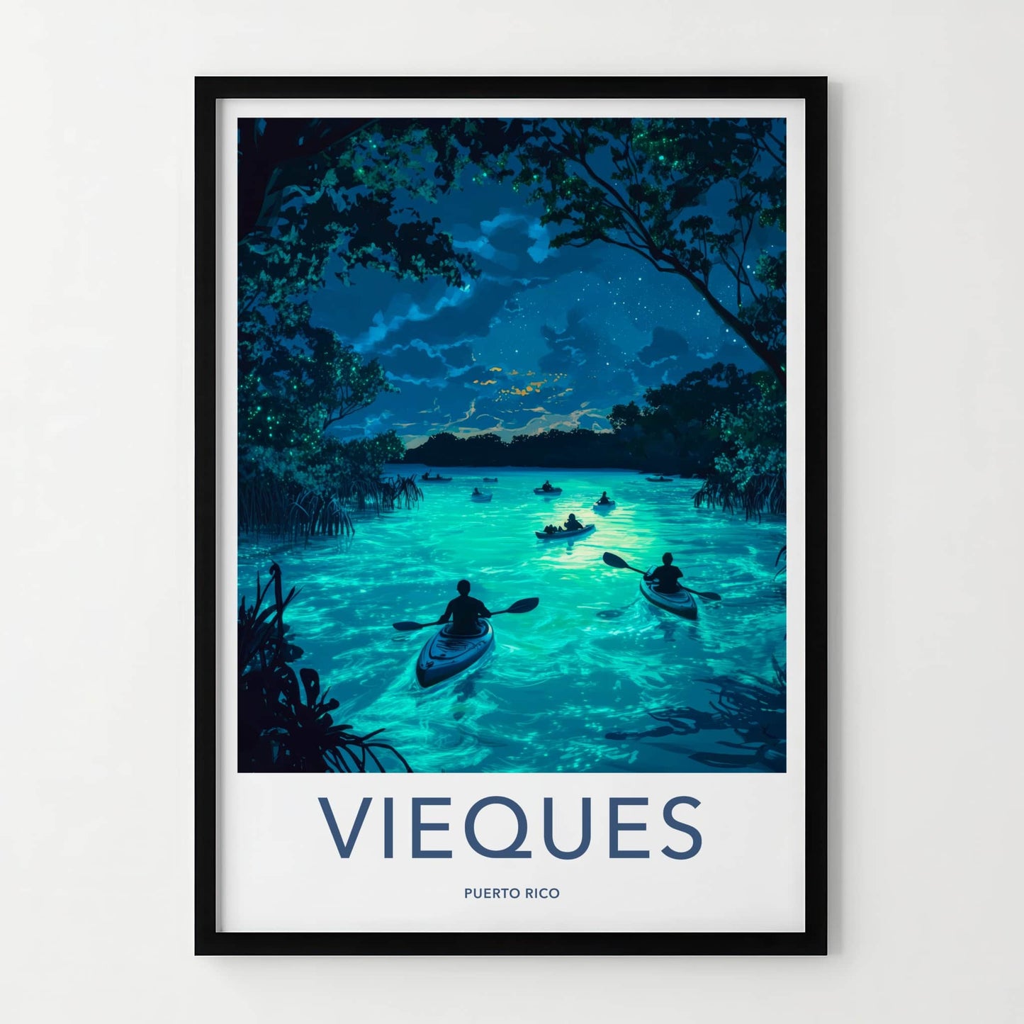Vieques Poster - Puerto Rico Travel Art - Bioluminescent Bay Kayakers Gallery Art