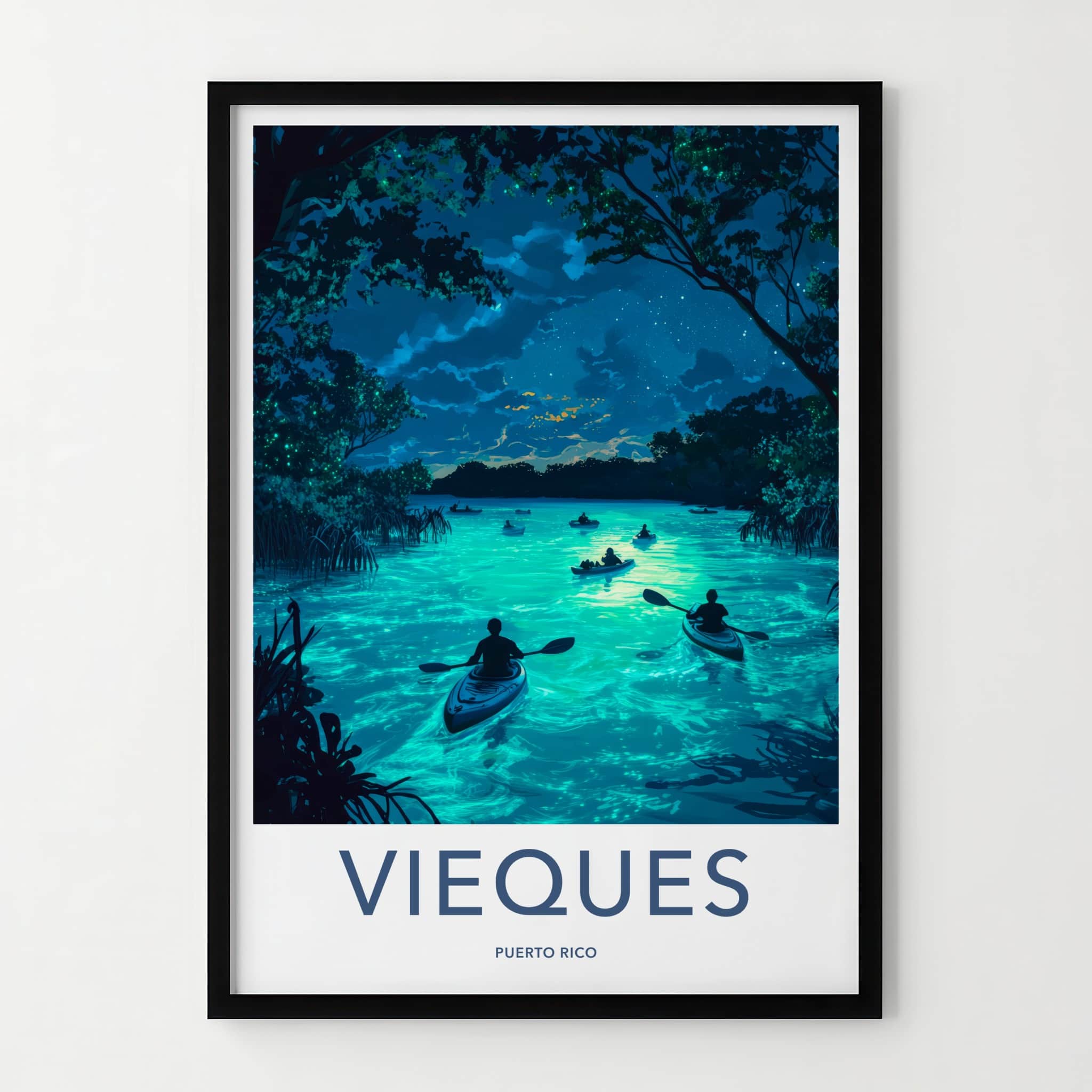 Vieques Poster - Puerto Rico Travel Art - Bioluminescent Bay Kayakers Gallery Art