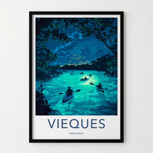 Vieques Poster - Puerto Rico Travel Art - Bioluminescent Bay Kayakers Gallery Art