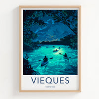 Vieques Poster - Puerto Rico Travel Art - Bioluminescent Bay Kayakers Gallery Art