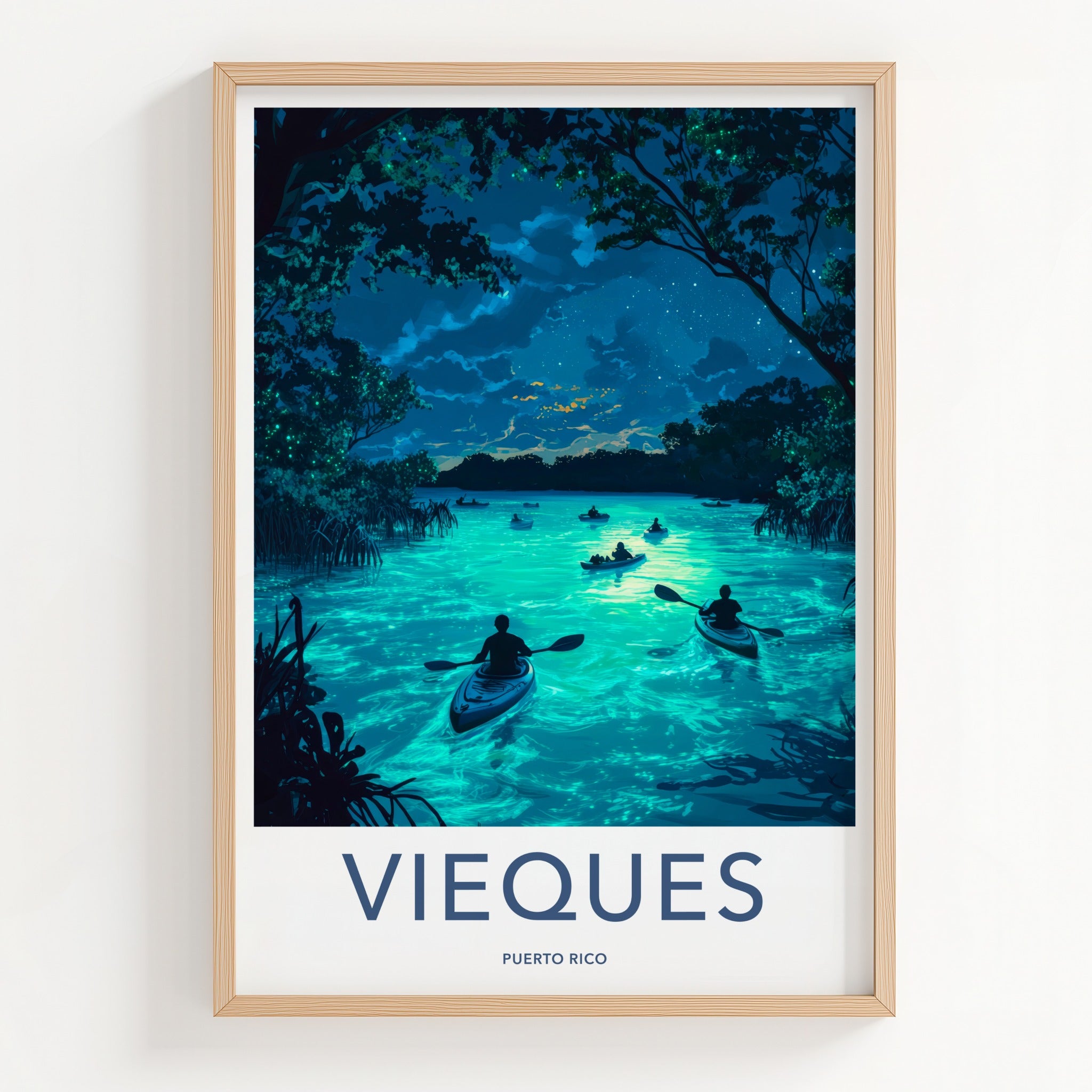 Vieques Poster - Puerto Rico Travel Art - Bioluminescent Bay Kayakers Gallery Art