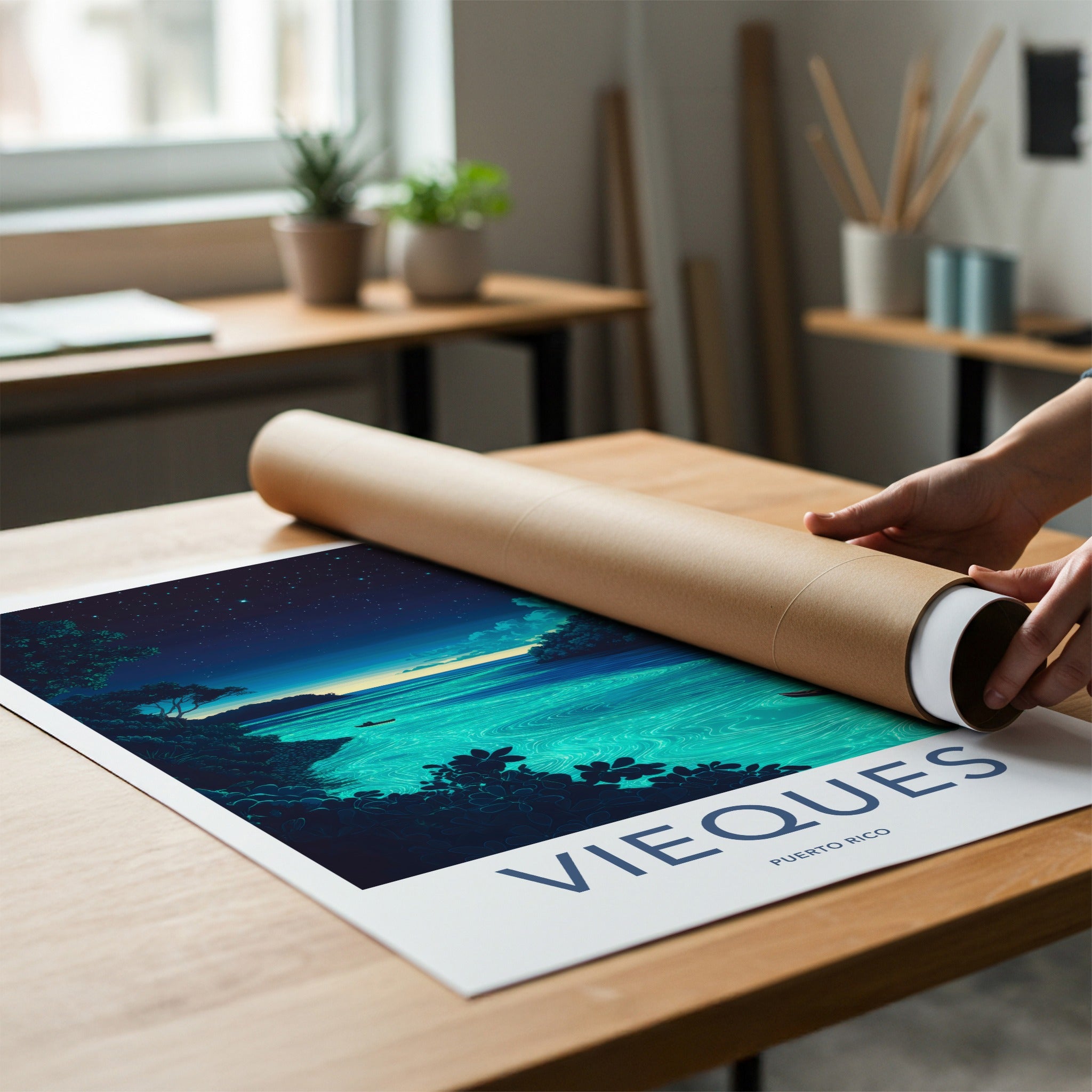 Vieques Poster - Puerto Rico Travel Art - Bioluminescent Bay Night Home Decor