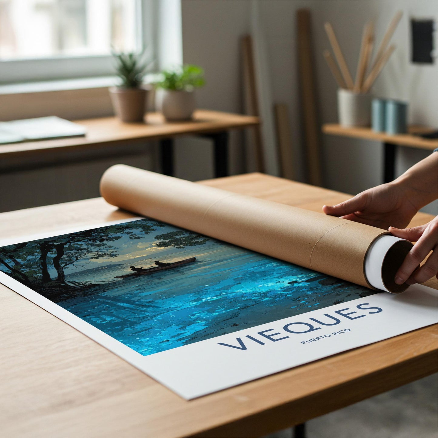 Vieques Poster - Puerto Rico Travel Art - Bioluminescent Water Boat Home Decor