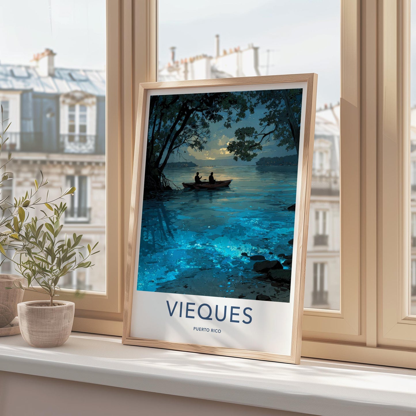 Vieques Poster - Puerto Rico Travel Art - Bioluminescent Water Boat Home Decor