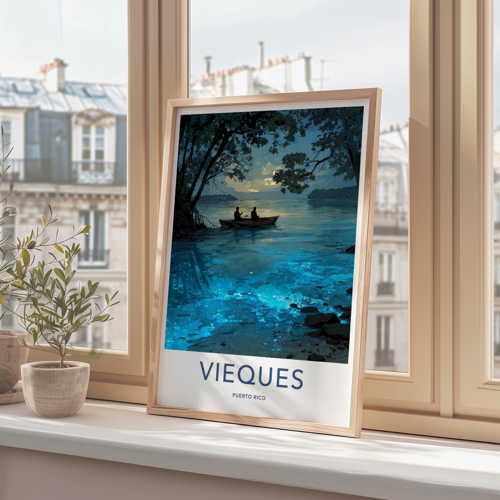 Vieques Poster - Puerto Rico Travel Art - Bioluminescent Water Boat Home Decor