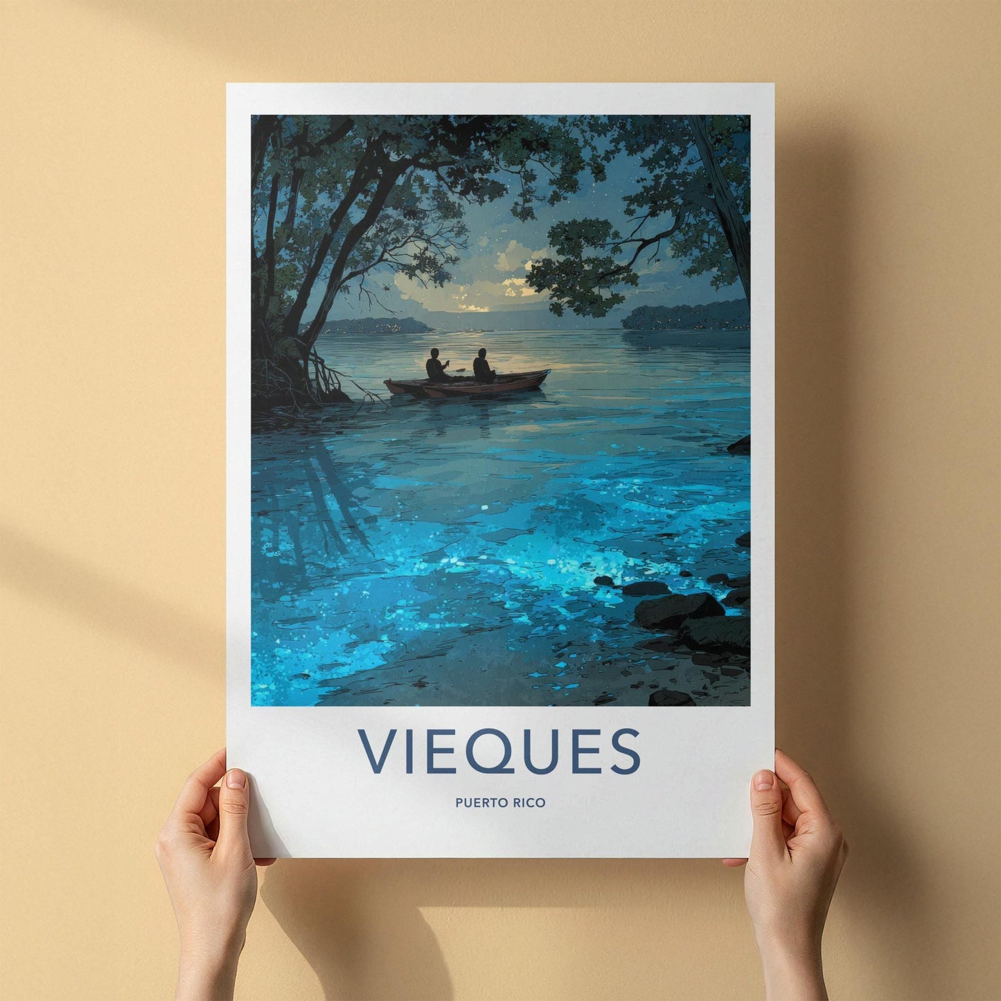 Vieques Poster - Puerto Rico Travel Art - Bioluminescent Water Boat Home Decor