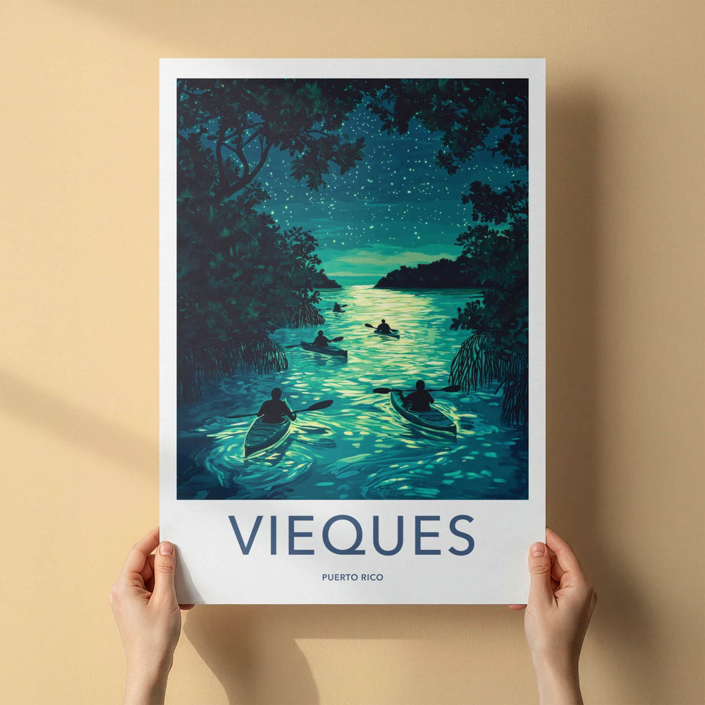 Vieques Poster - Puerto Rico Travel Art - Bioluminescent Water Kayak Wall Decor