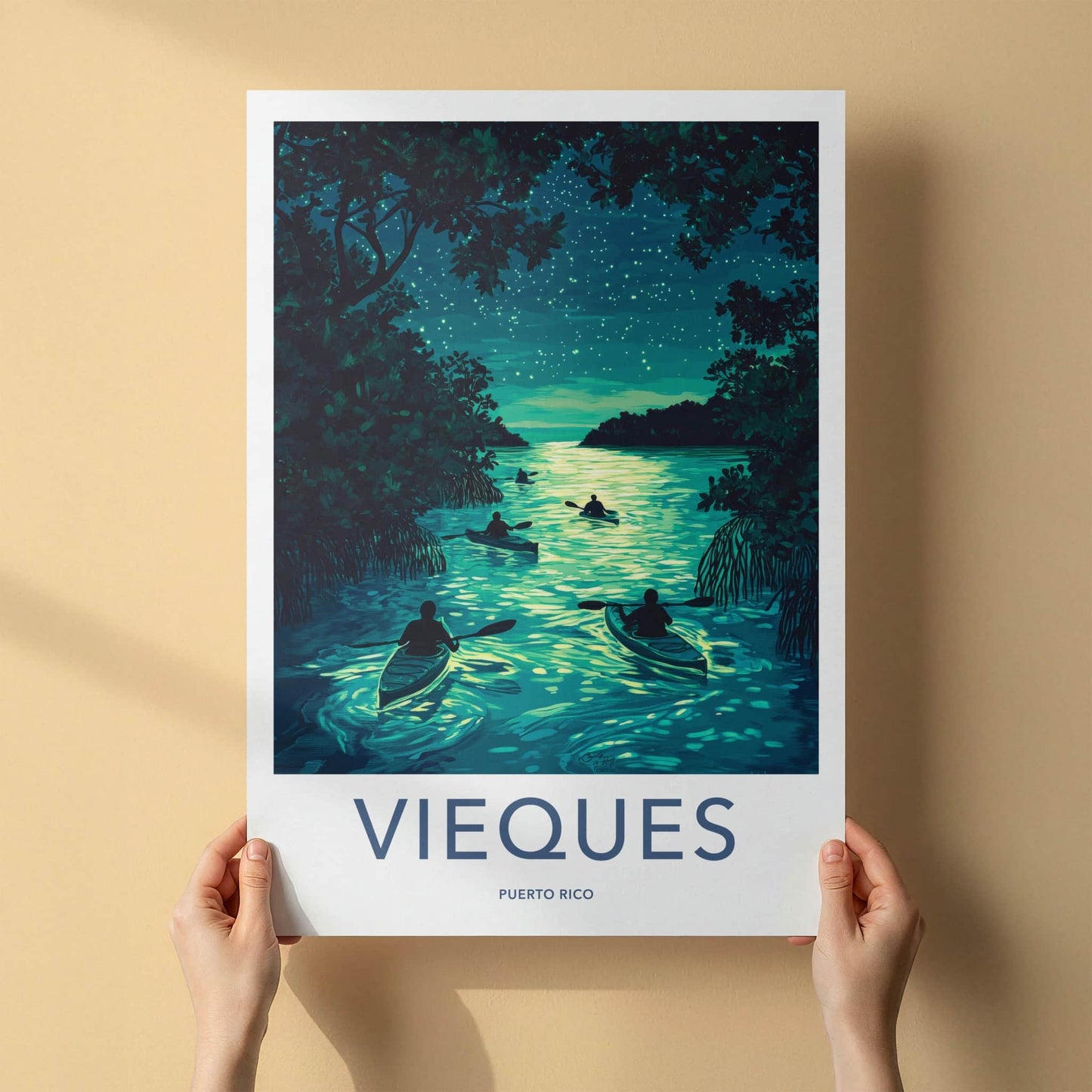 Vieques Poster - Puerto Rico Travel Art - Bioluminescent Water Kayak Wall Decor