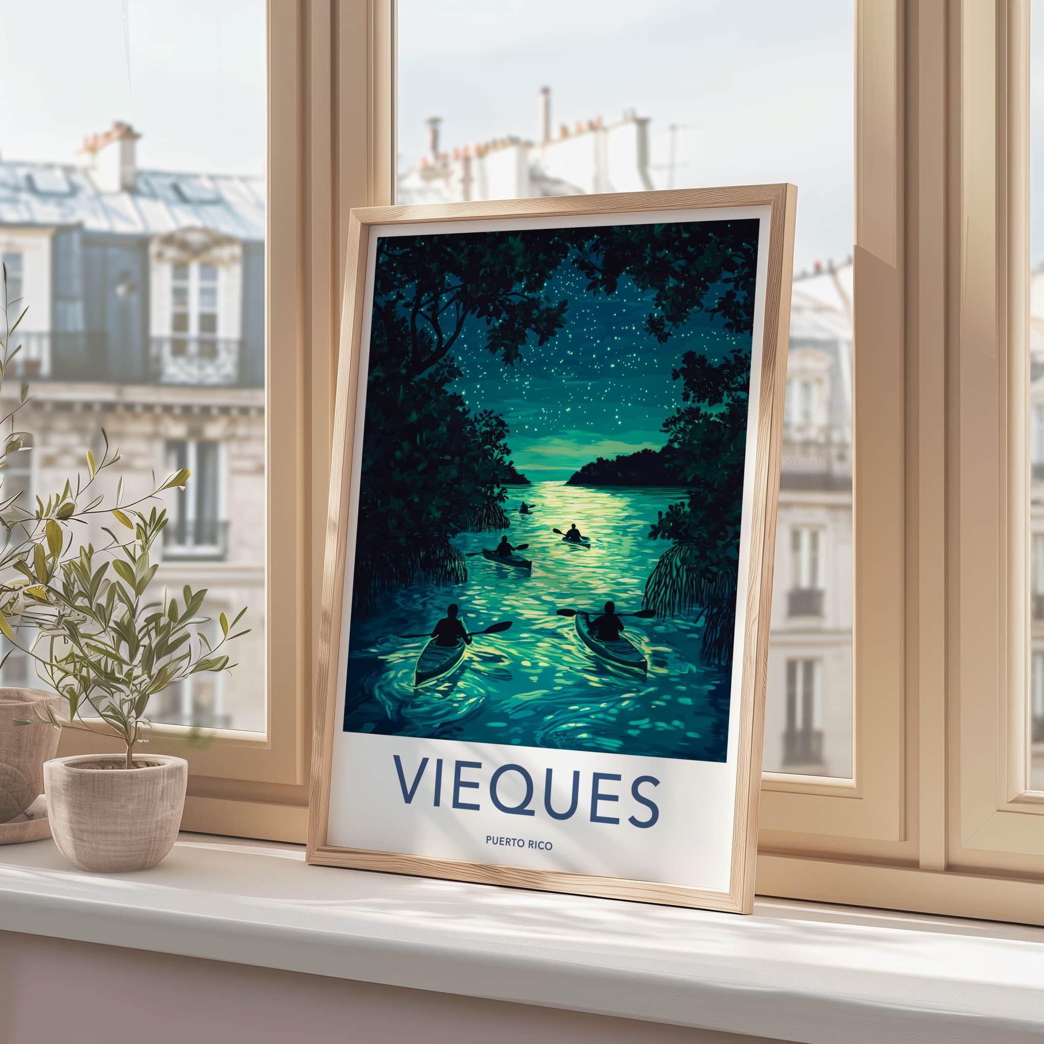 Vieques Poster - Puerto Rico Travel Art - Bioluminescent Water Kayak Wall Decor