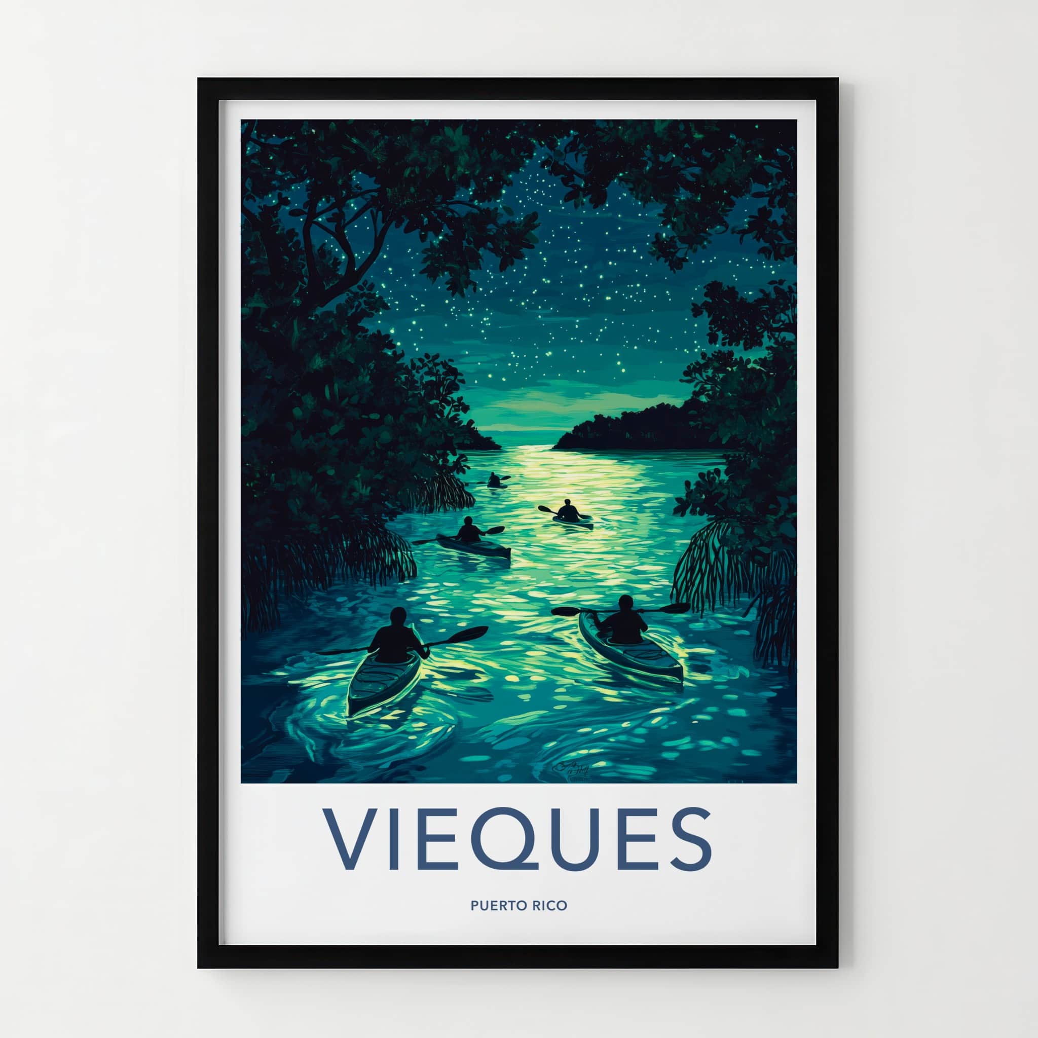 Vieques Poster - Puerto Rico Travel Art - Bioluminescent Water Kayak Wall Decor