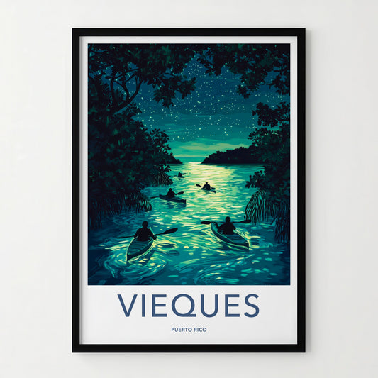 Vieques Poster - Puerto Rico Travel Art - Bioluminescent Water Kayak Wall Decor