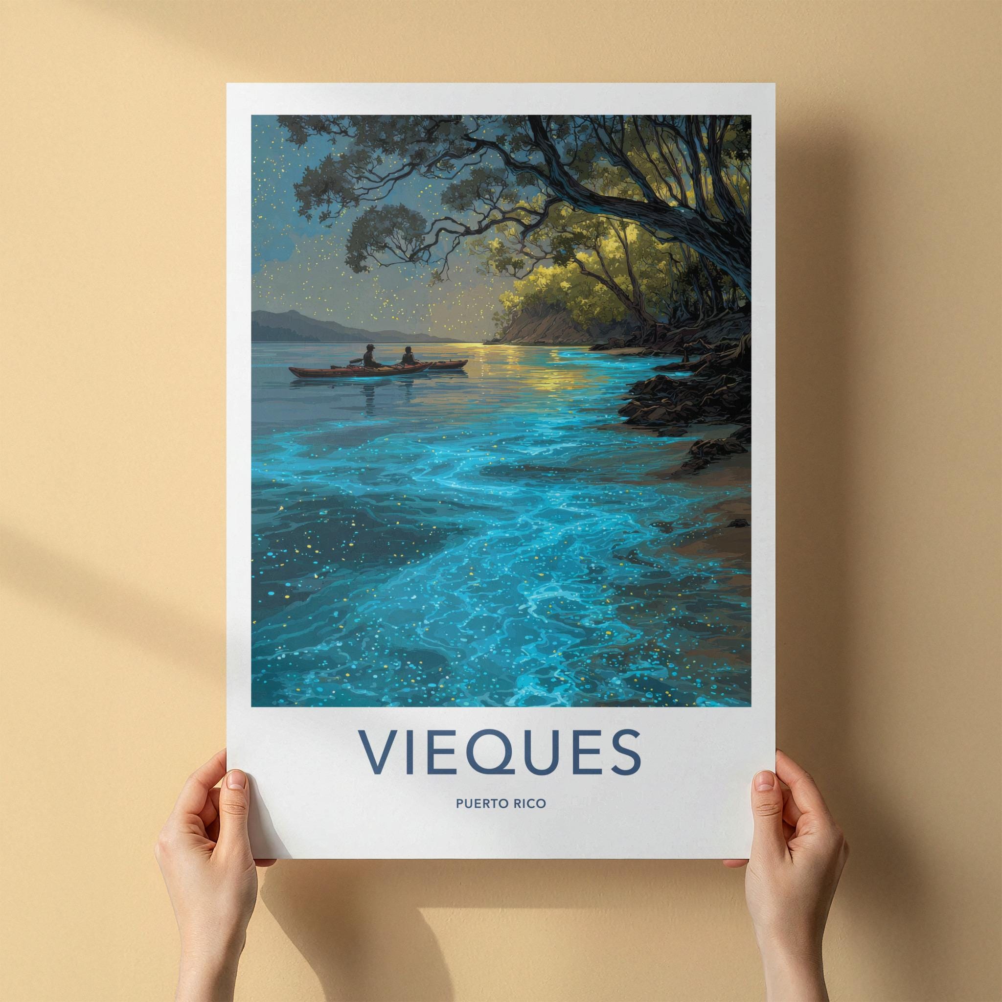 Vieques Poster - Puerto Rico Travel Art - Glowing Kayak Lagoon Home Decor