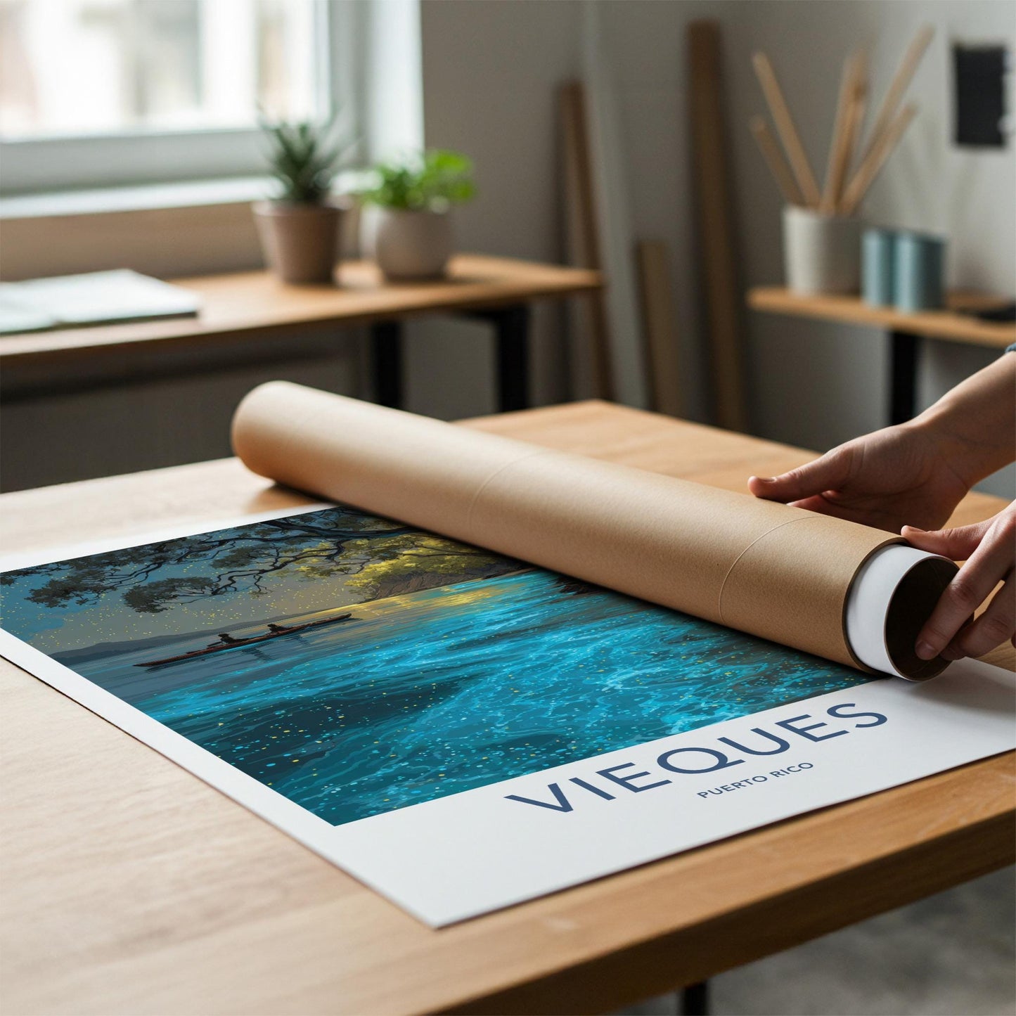 Vieques Poster - Puerto Rico Travel Art - Glowing Kayak Lagoon Home Decor