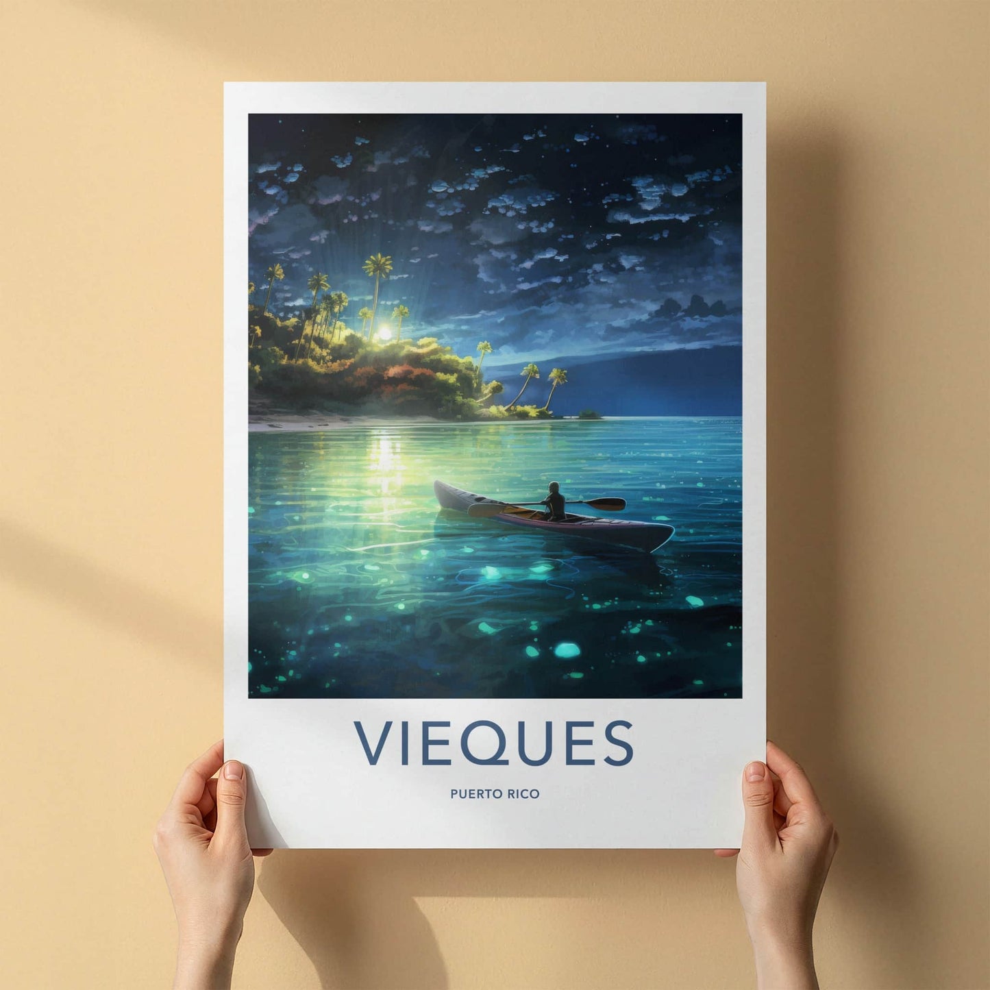 Vieques Poster - Puerto Rico Travel Art - Moonlit Island Paddle Home Decor