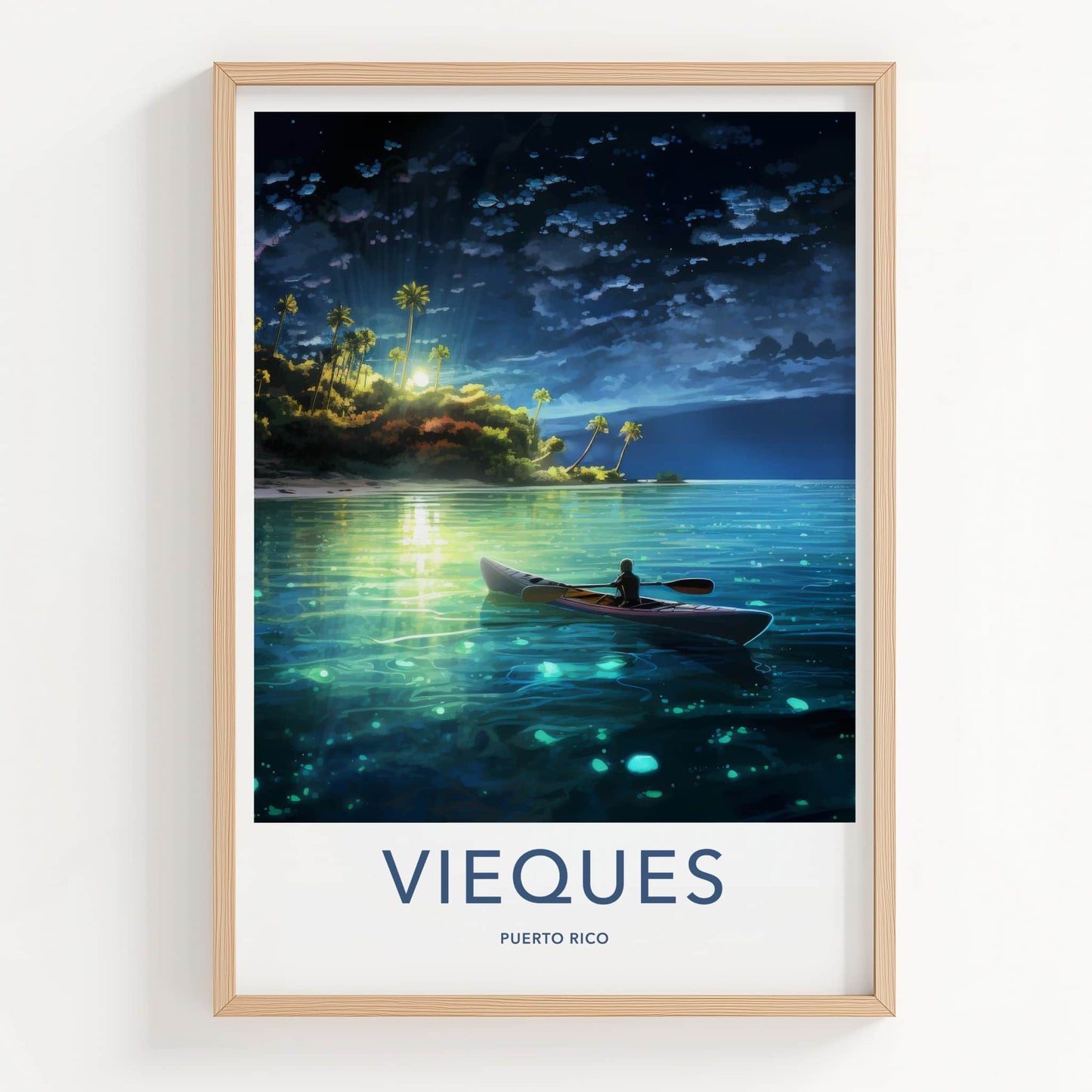 Vieques Poster - Puerto Rico Travel Art - Moonlit Island Paddle Home Decor