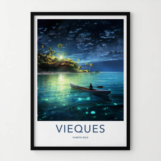 Vieques Poster - Puerto Rico Travel Art - Moonlit Island Paddle Home Decor