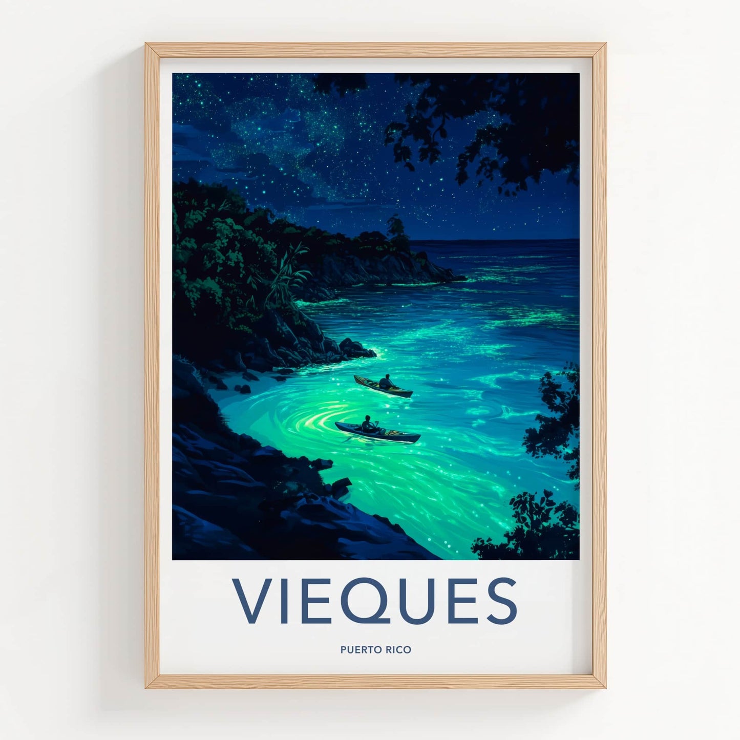 Vieques Poster - Puerto Rico Travel Art - Starry Bioluminescent Waters Home Decor