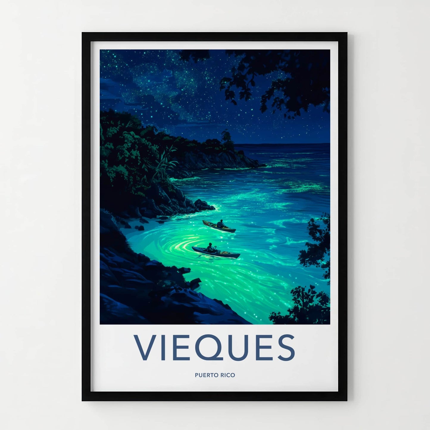 Vieques Poster - Puerto Rico Travel Art - Starry Bioluminescent Waters Home Decor