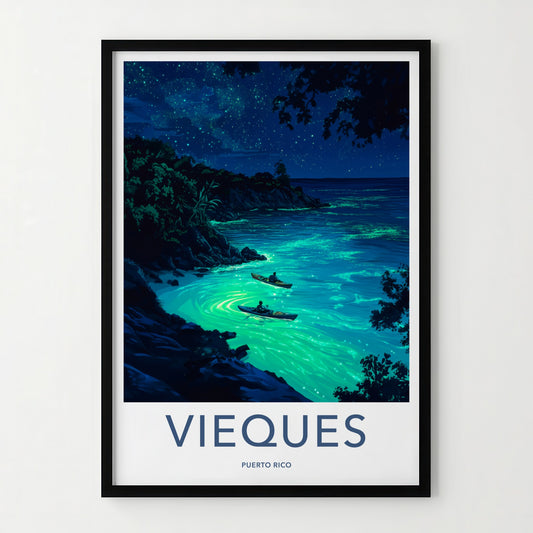 Vieques Poster - Puerto Rico Travel Art - Starry Bioluminescent Waters Home Decor