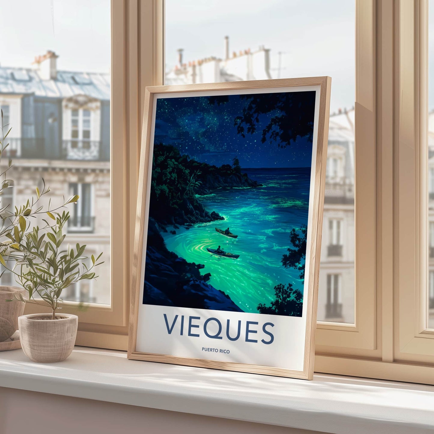 Vieques Poster - Puerto Rico Travel Art - Starry Bioluminescent Waters Home Decor