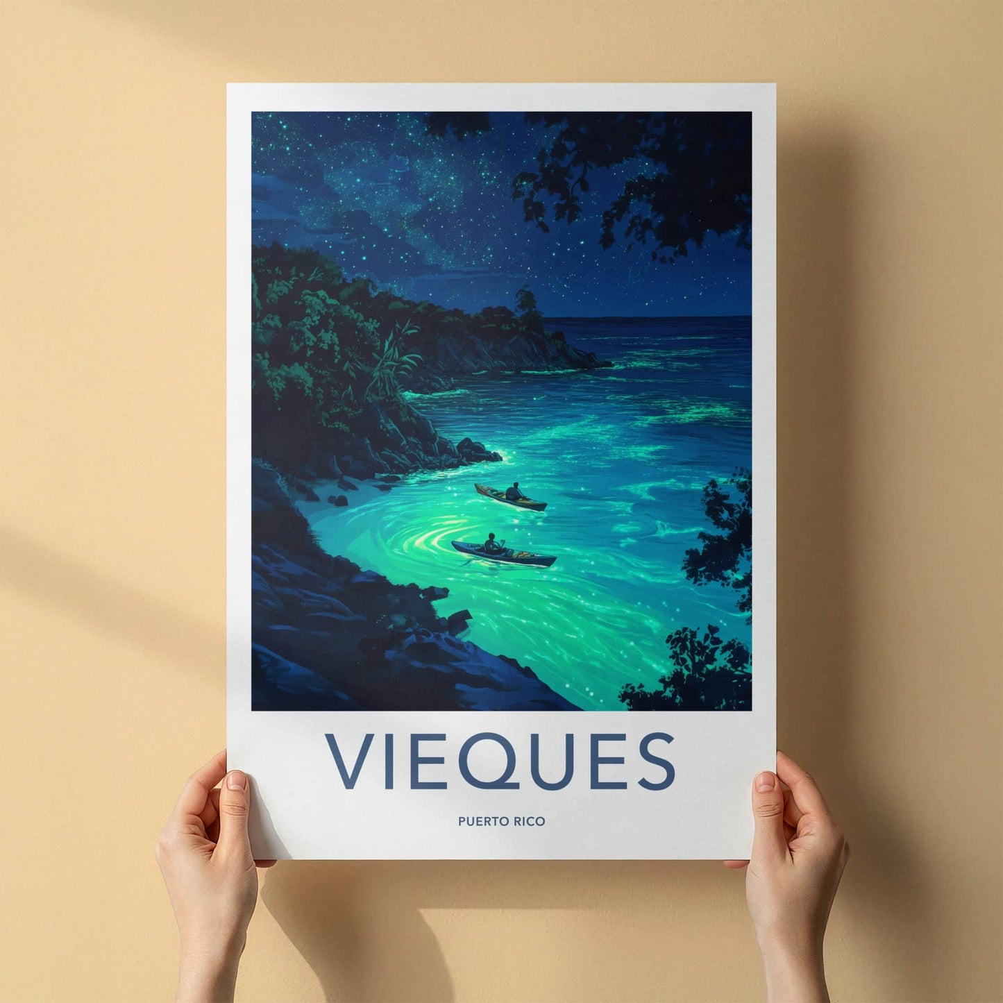 Vieques Poster - Puerto Rico Travel Art - Starry Bioluminescent Waters Home Decor