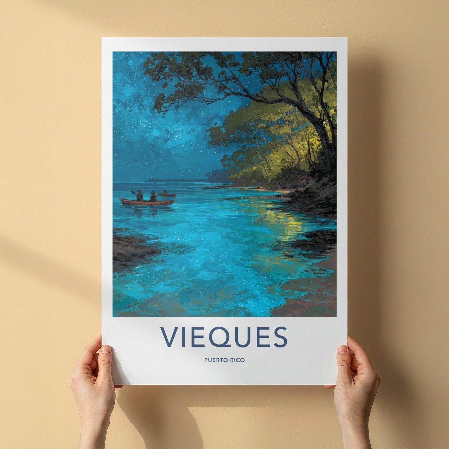 Vieques Poster - Puerto Rico Travel Art - Starry Water Kayak Home Decor