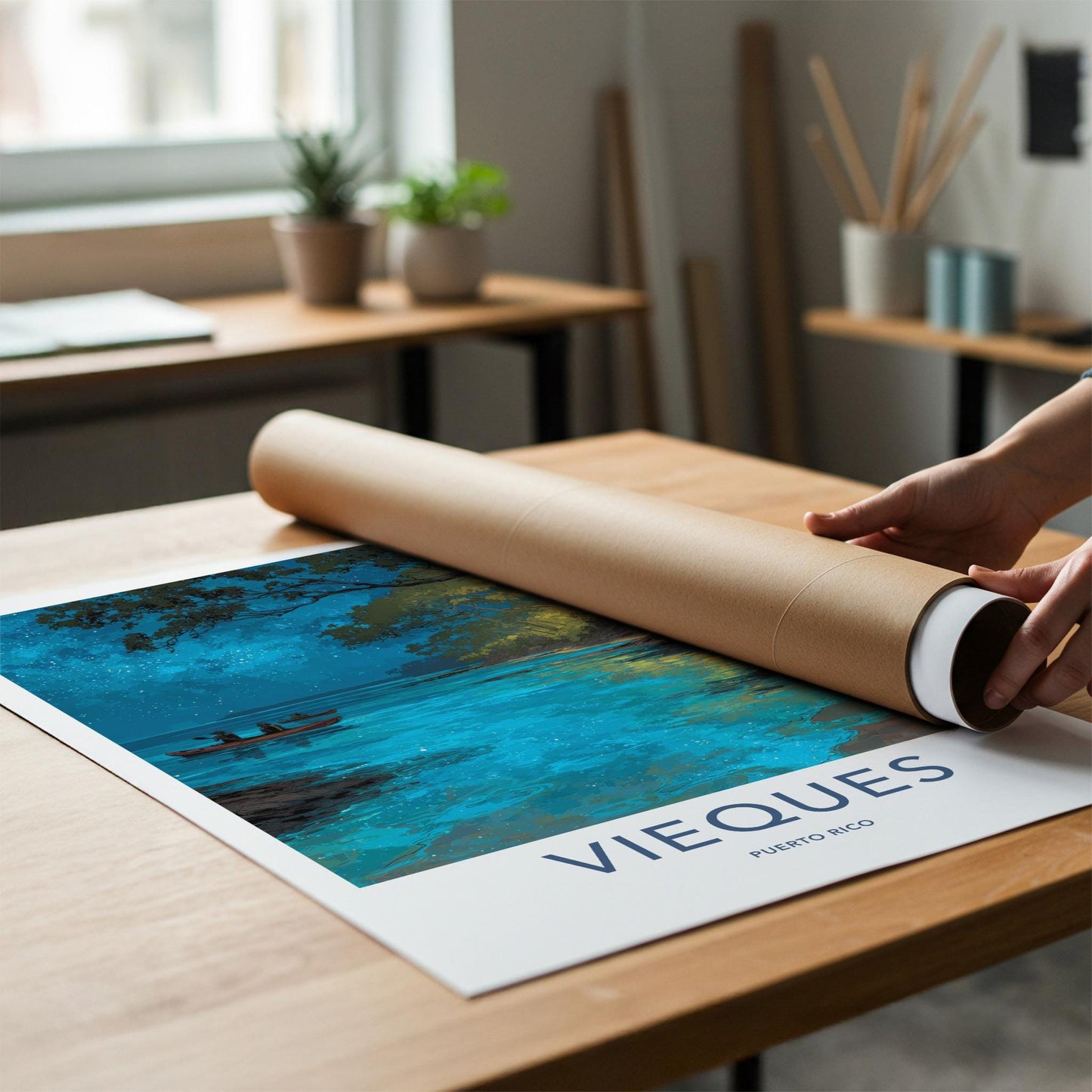 Vieques Poster - Puerto Rico Travel Art - Starry Water Kayak Home Decor