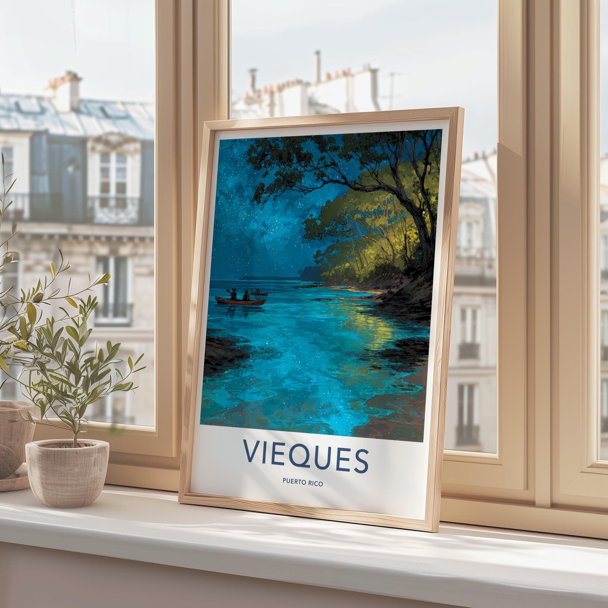 Vieques Poster - Puerto Rico Travel Art - Starry Water Kayak Home Decor