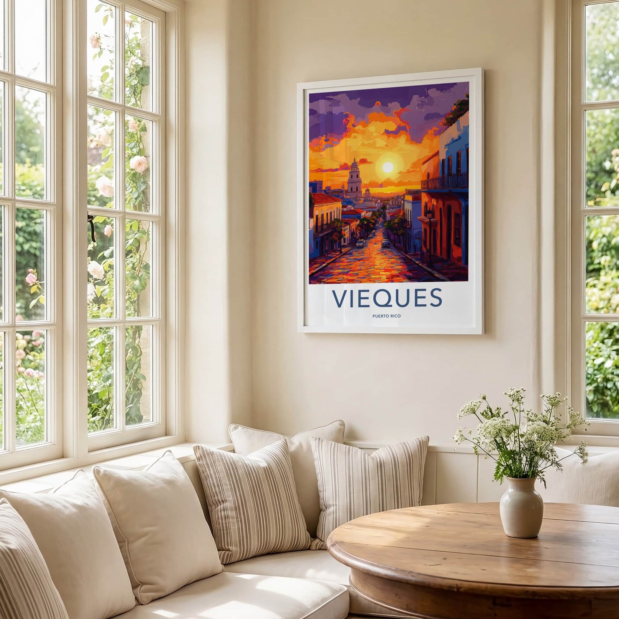 Vieques Poster - Puerto Rico Travel Art - Vibrant Street Sunset Home Decor