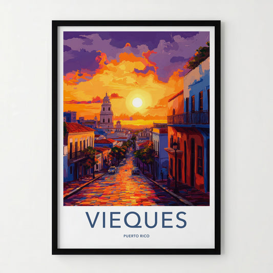 Vieques Poster - Puerto Rico Travel Art - Vibrant Street Sunset Home Decor
