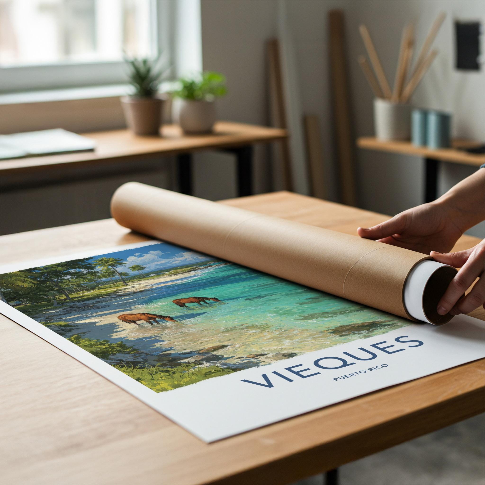 Vieques Poster - Puerto Rico Travel Art - Wild Horses Beach Home Decor