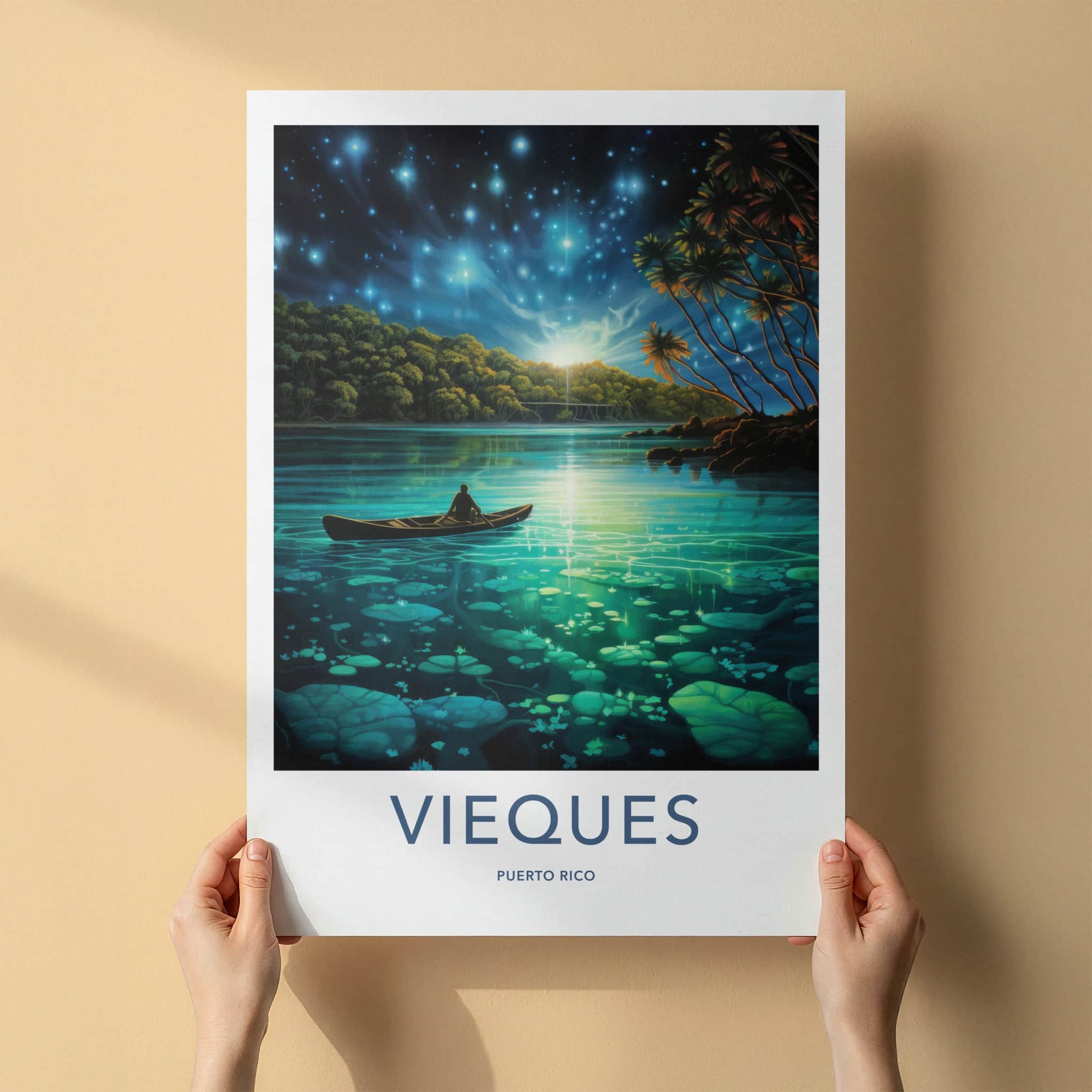 Vieques Poster - Puerto Rico Wall Art - Bioluminescent Bay Canoe Home Decor