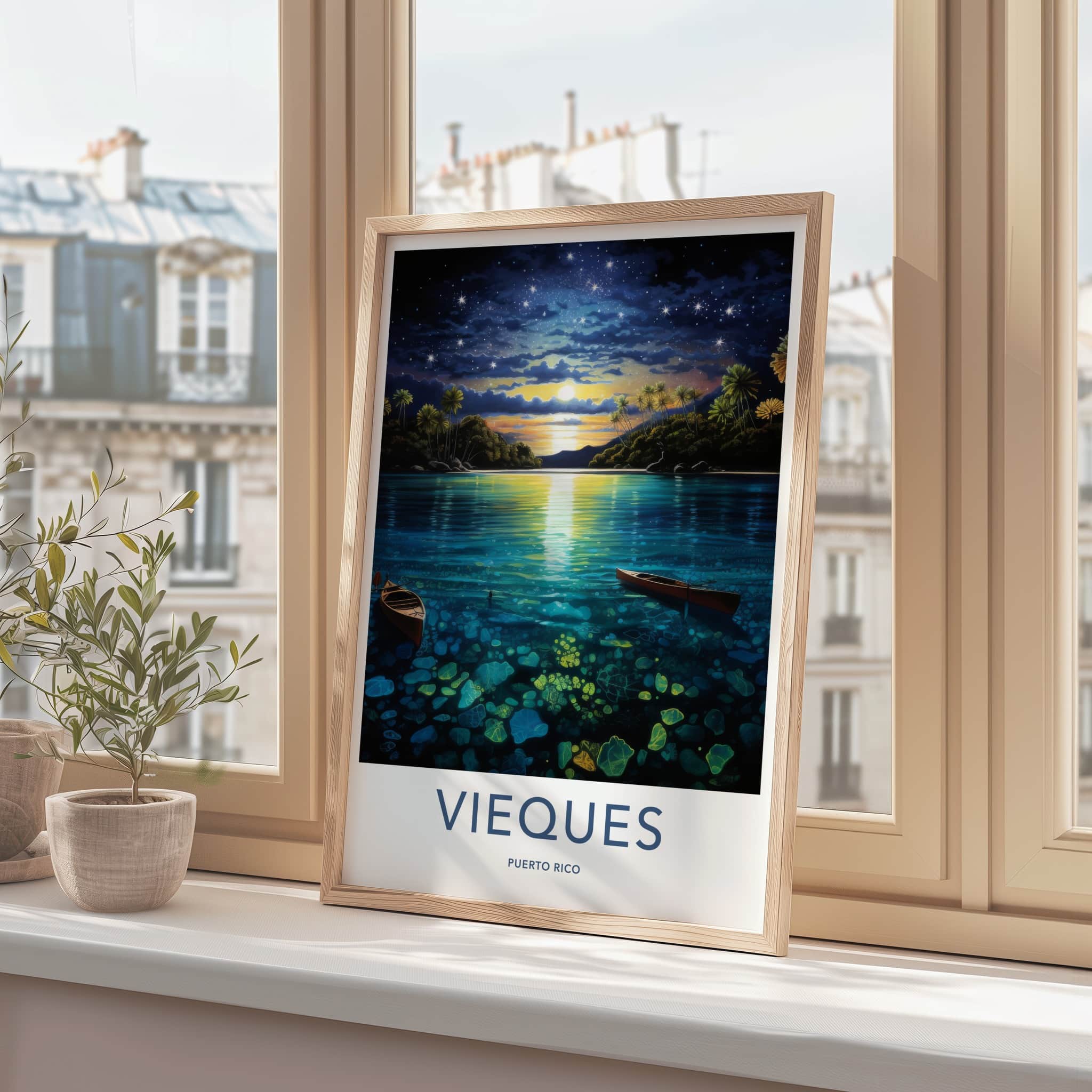 Viesques Poster - Puerto Rico Wall Art - Starry Night Lagoon Home Decor