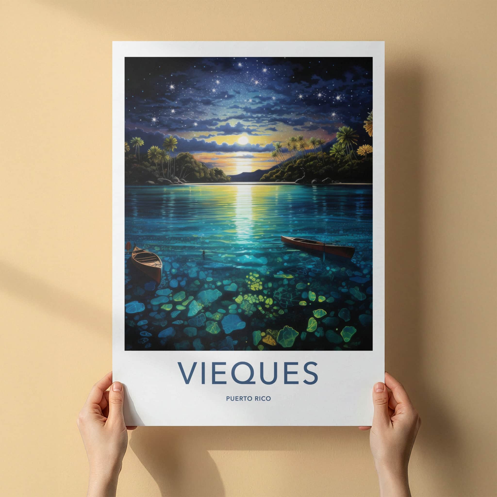 Viesques Poster - Puerto Rico Wall Art - Starry Night Lagoon Home Decor