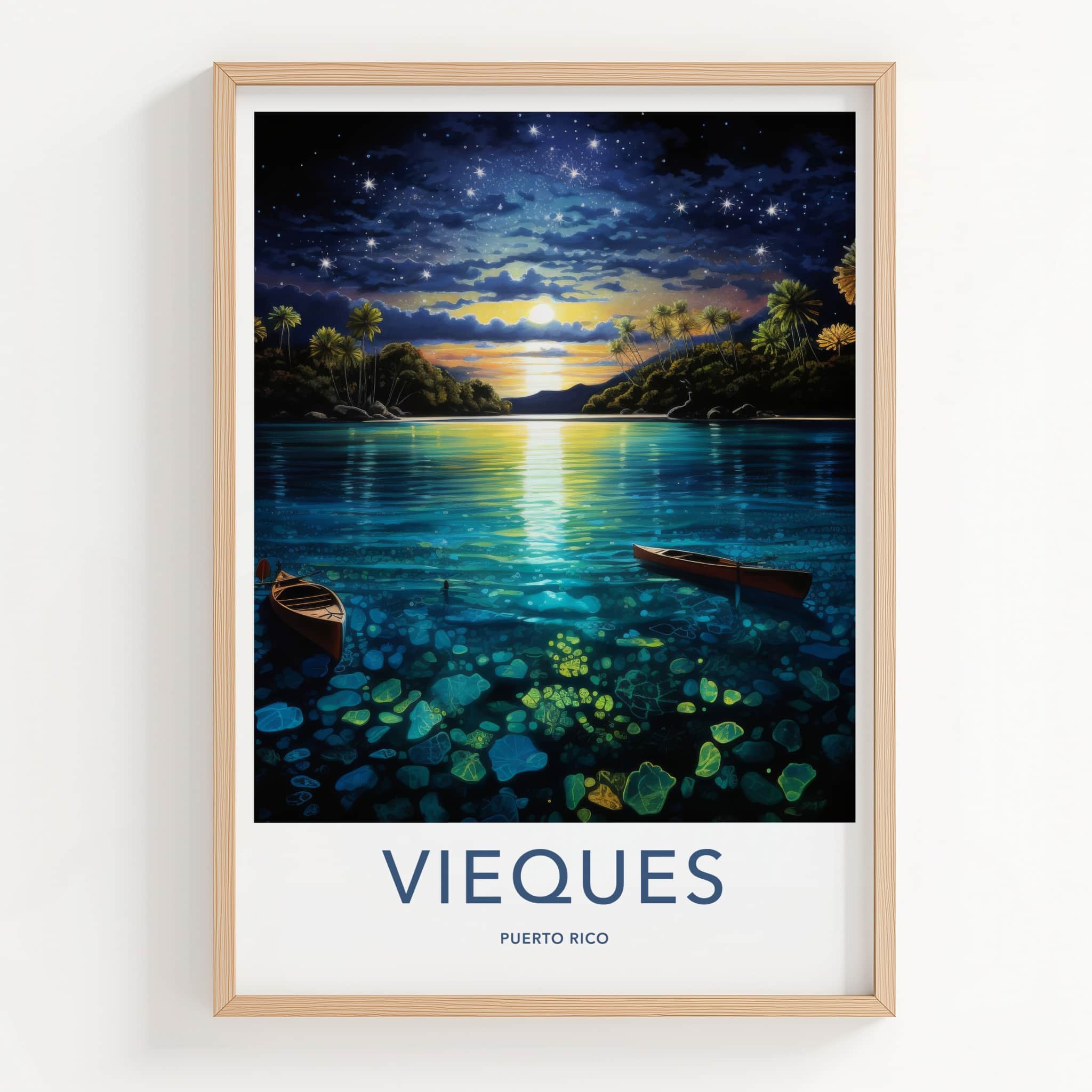 Viesques Poster - Puerto Rico Wall Art - Starry Night Lagoon Home Decor