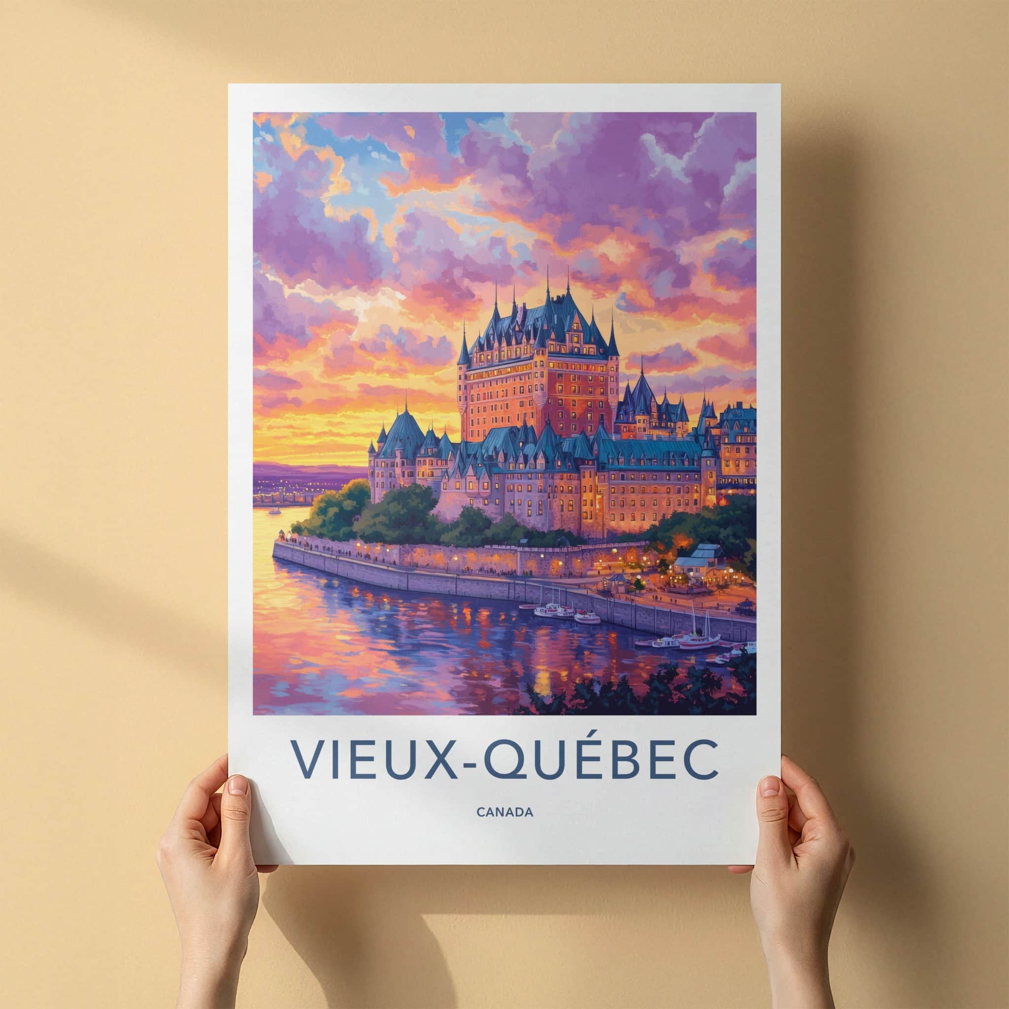 Vieux Quebec Poster - Canada Travel Art - Vibrant Castle Sunset Home Decor