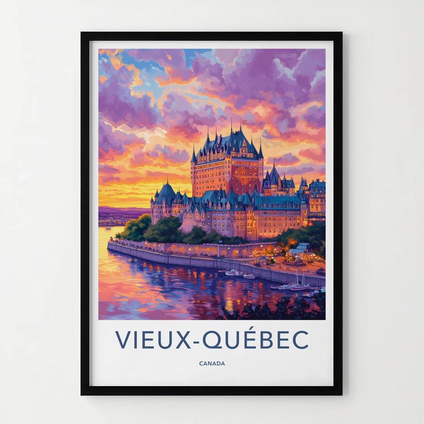 Vieux Quebec Poster - Canada Travel Art - Vibrant Castle Sunset Home Decor